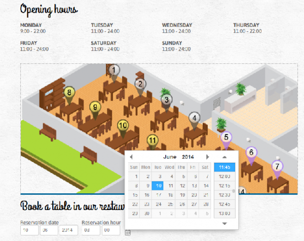 Opening hours, restaurant table plan, booking form