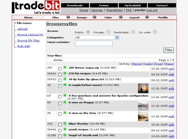 This screen shot shows a part of the member area of tradebit where you manage your uploads and start selling files.