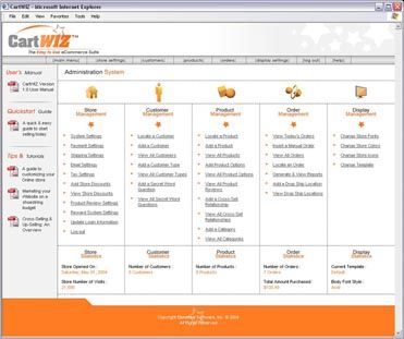CartWIZ Administration Main Menu Screen