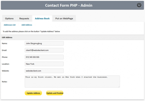 Contact Form PHP - admin area - add or edit contacts to address book