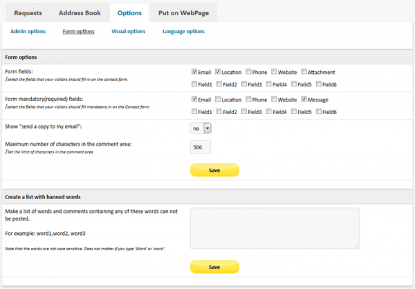 Contact Form PHP - admin area - Form Options