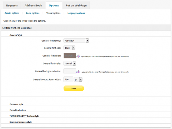 Contact Form PHP - admin area - Visual Options