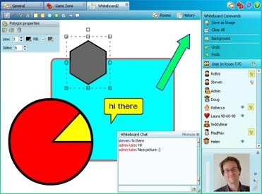 Whiteboard helps users draw on the same common canvas together. Good for e-learning, online conferencing.